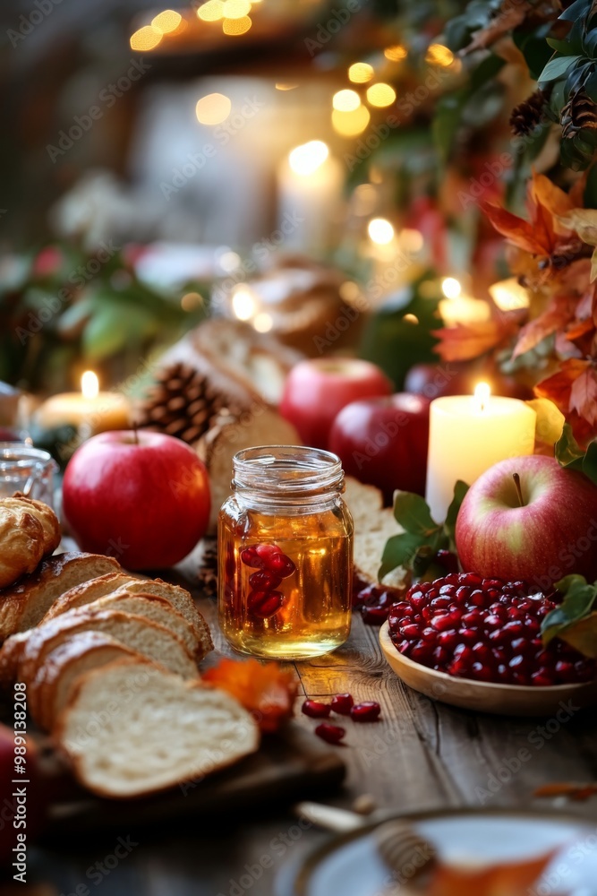 a serene rosh hashanah table set-up with apples, honey jars, pomegranates, and freshly baked challah surrounded by softly lit candles and fall foliage illustration a serene rosh hashanah table set-up with apples, honey jars, pomegranates, and freshly baked challah surrounded by softly lit candles and fall foliage illustration