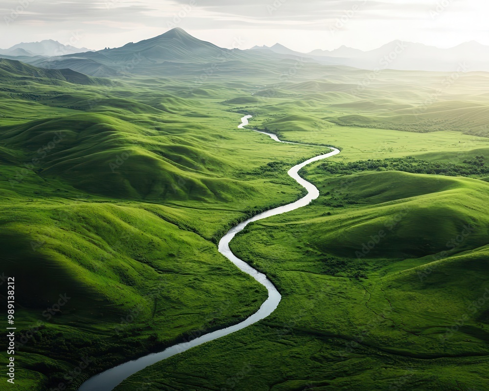 Fertile green hills with flowing rivers, soft light, photorealistic, lush vegetation, dynamic composition, wide-angle view, vibrant colors Fertile green hills with flowing rivers, soft light, photorealistic, lush vegetation, dynamic composition, wide-angle view, vibrant colors