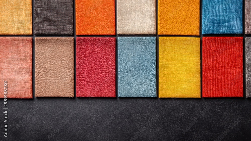 Fototapeta premium A vibrant array of textured fabric swatches in various colors, arranged neatly, showcasing depth and diversity in textile design.