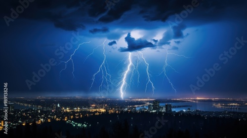 Dramatic lightning storm illuminates a cityscape, with bolts of electricity piercing the night sky, creating a stunning natural spectacle.