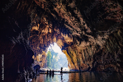 Tourist raft Inside the large Nam Tod cave in Thailand photo