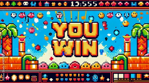 You Win text, computer game. Pixel video game win screen