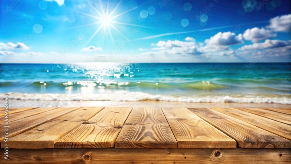 Fototapeta premium Wooden table top with blurred summer beach background of sparkling sea water and sky