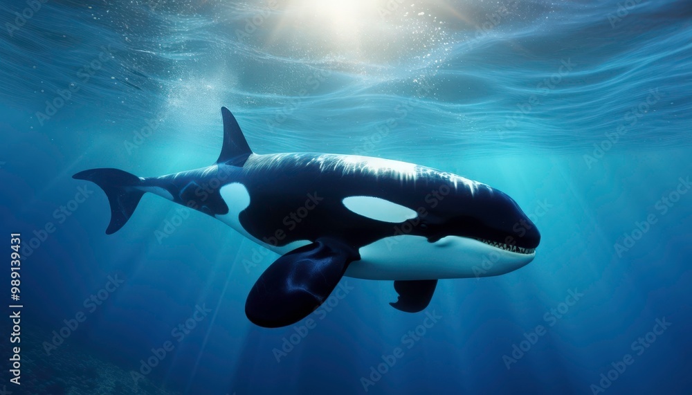 Fototapeta premium An Orcinus orca is swimming in the deep blue sea. This whale is surrounded by sunlight, creating a beautiful and peaceful atmosphere. Generative AI