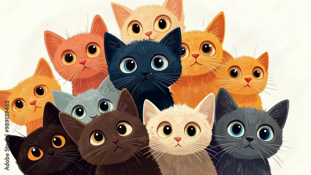 A playful cat stack of kittens looking up in a soft cartoon style surrounded by warm, inviting colors. A playful cat stack of kittens looking up in a soft cartoon style surrounded by warm, inviting colors.