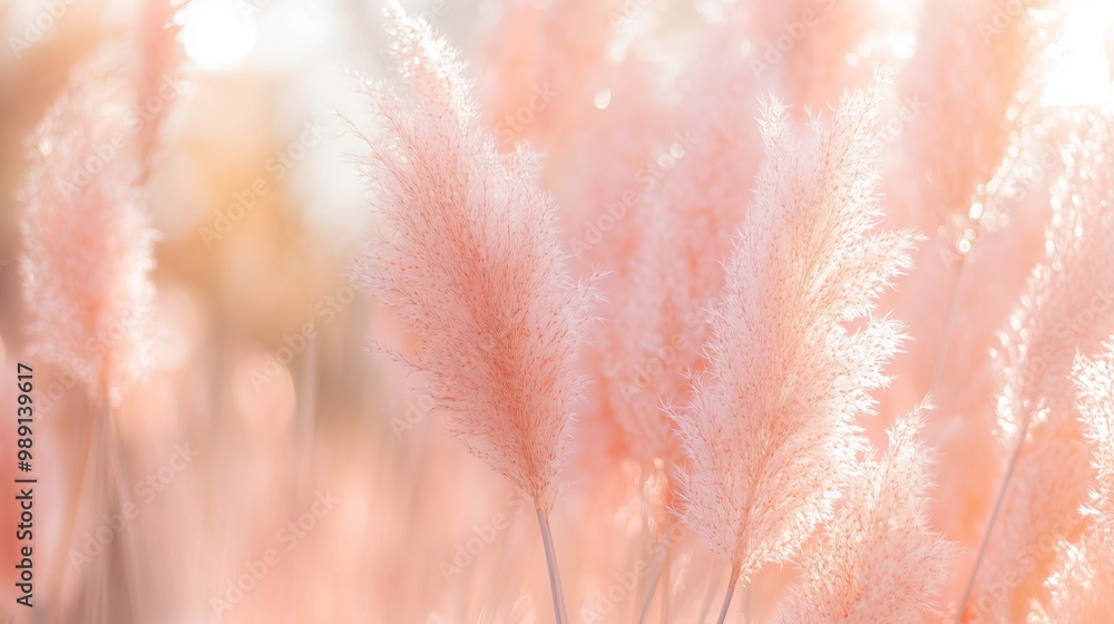 Fototapeta premium Soft pink pampas grass sways gently in the golden sunlight during a calm afternoon in a serene outdoor setting