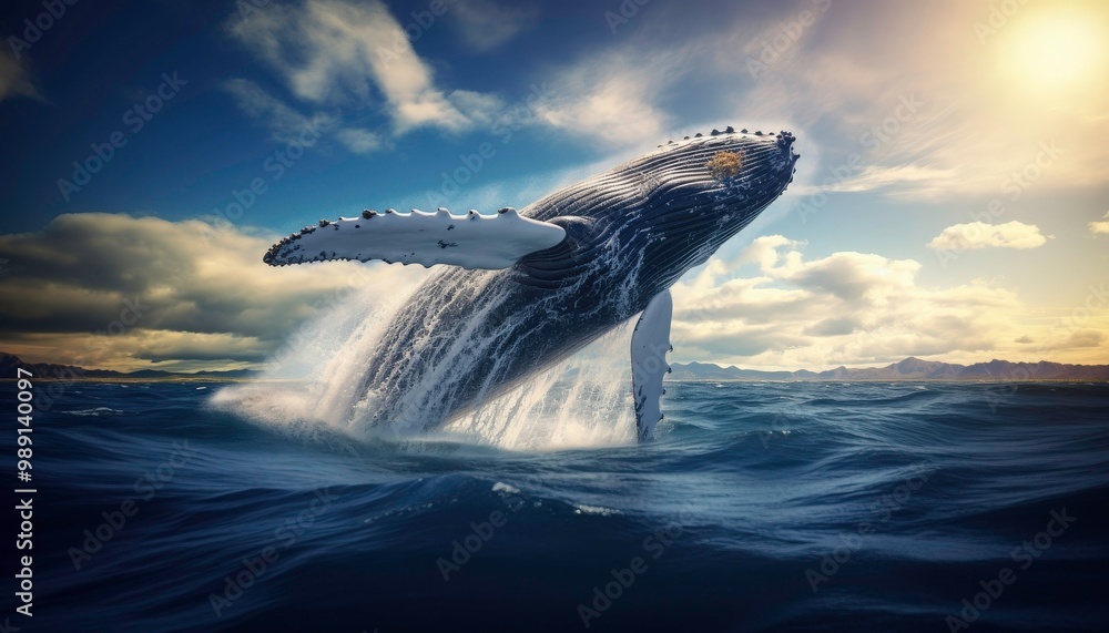 Fototapeta premium A whale is leaping out of the water, creating a splash. Concept of freedom and power, as the whale soars through the air. Generative AI