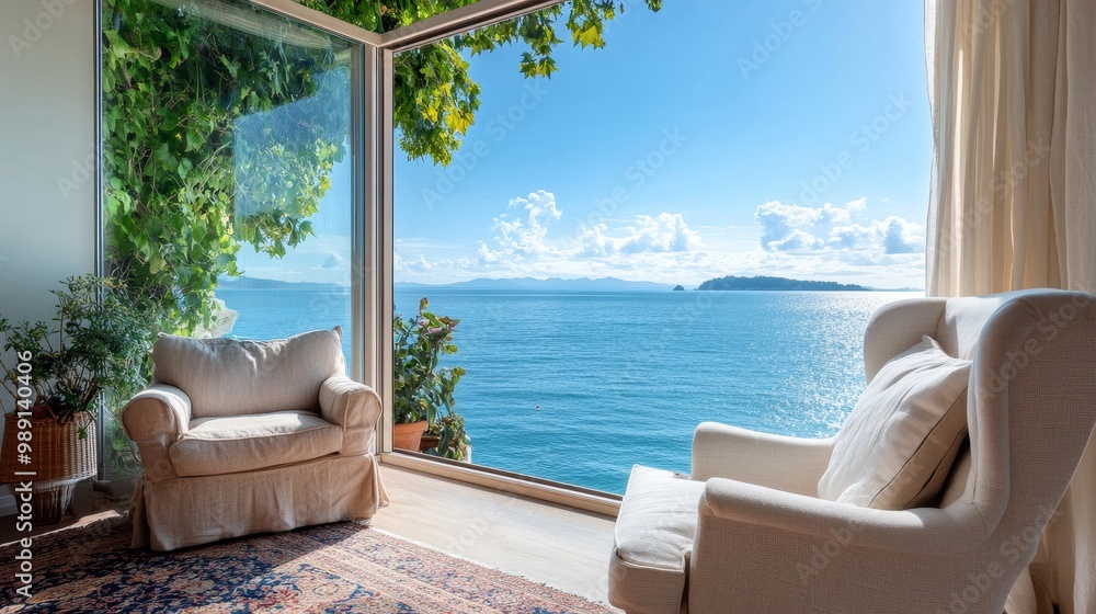 Fototapeta premium Cozy Living Room with Breathtaking Ocean Panoramic View