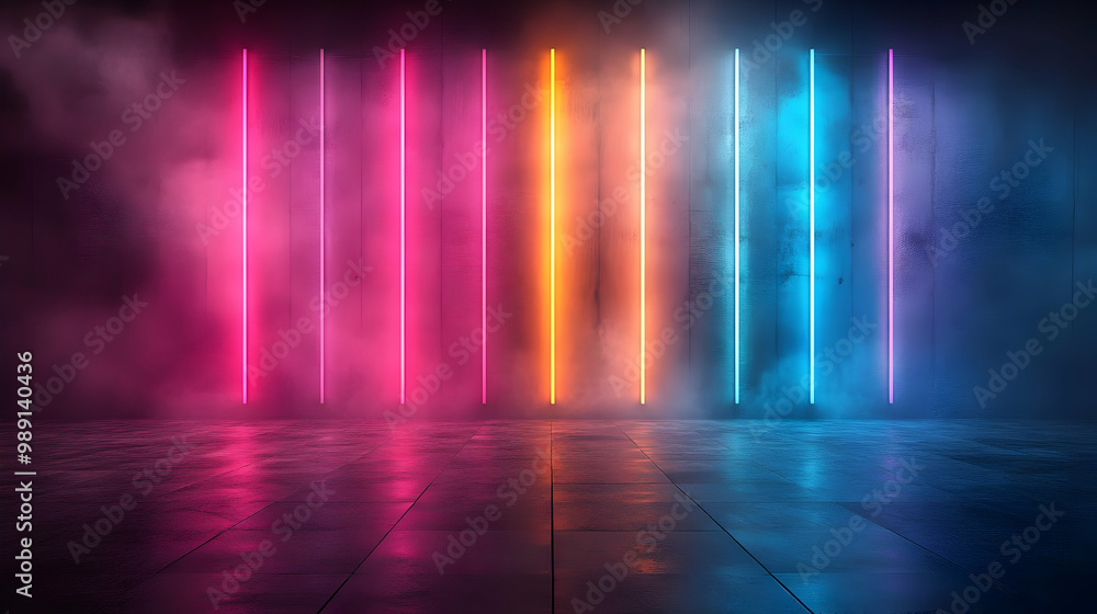Neon Lights Reflecting on Concrete Floor, Futuristic Glow Neon Lights Reflecting on Concrete Floor, Futuristic Glow