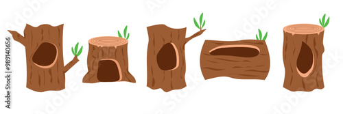 Tree hole illustration. Hollow tree vector art. Animal home vector stock. Leaves in tree holes. 
