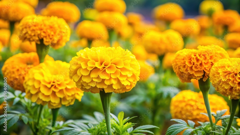 Close-up shot of vibrant yellow marigolds blooming in a garden Close-up shot of vibrant yellow marigolds blooming in a garden