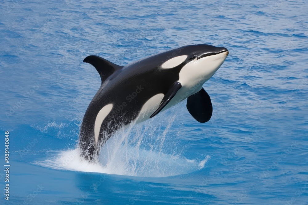 Obraz premium A black and white orca whale leaps out of the water. Concept of freedom and power as the whale soars through the air. Generative AI