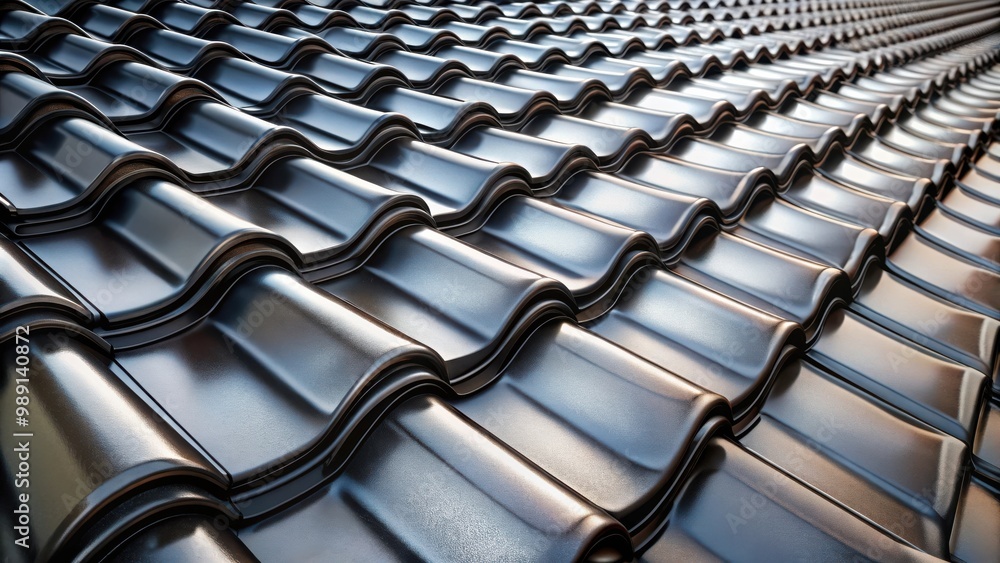 Close up of shiny black roof tiling with wavy pattern design Close up of shiny black roof tiling with wavy pattern design