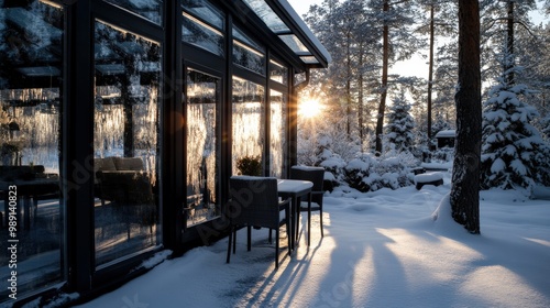 A winter exterior view of a modern home with a snow-covered yard, bathed in warm sunlight, capturing the peacefulness and beauty of a winter morning scene.