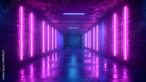 Neon Lights in a Brick Tunnel 3D Illustration