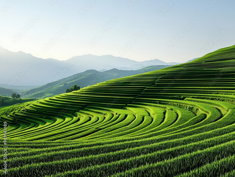 Vibrant green hills with terraced rice paddies, crisp air, clear blue sky, photorealistic, wide-angle shot, fertile agricultural land Vibrant green hills with terraced rice paddies, crisp air, clear blue sky, photorealistic, wide-angle shot, fertile agricultural land