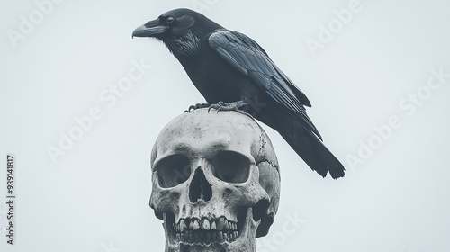 Black raven, perched on a skull, ominous clouds photo