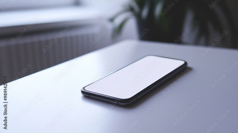 A smartphone lies on a table, showcasing its sleek design and blank screen. A smartphone lies on a table, showcasing its sleek design and blank screen.