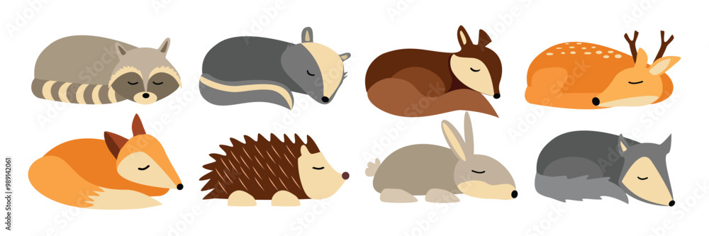 Obraz premium Set of cute animal sleeping. Collection of autumn sleeping animals. Colorful animal sleep illustration. Racoon. Deer. Fox. Rabbit. Squirrel. Hedgehog. Hibernate animal.