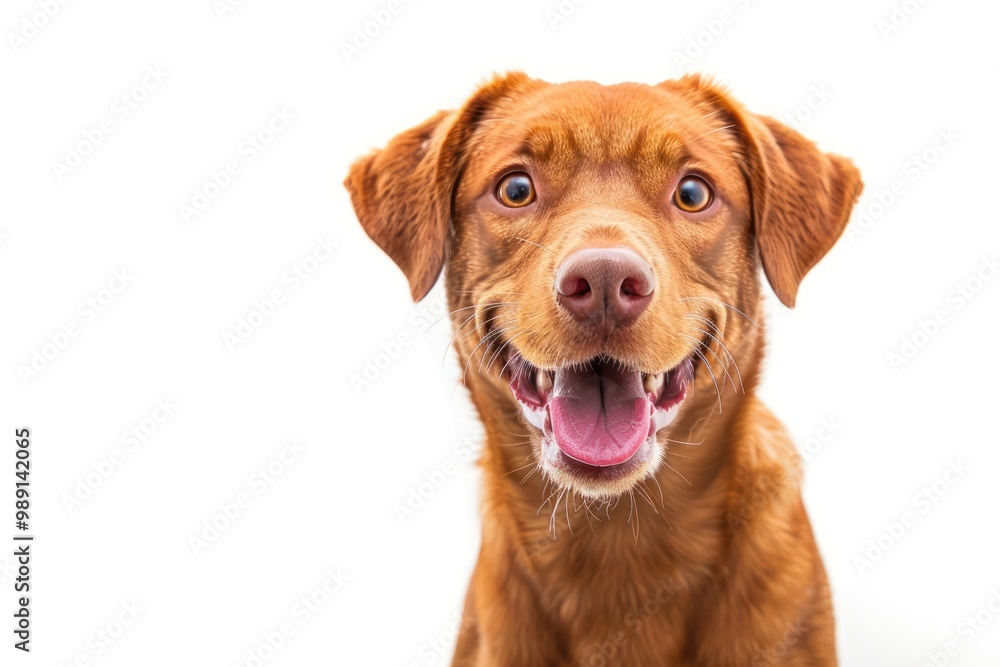 A cheerful brown dog with a big smile against a white background. A cheerful brown dog with a big smile against a white background.