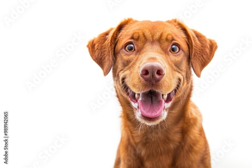 A cheerful brown dog with a big smile against a white background.