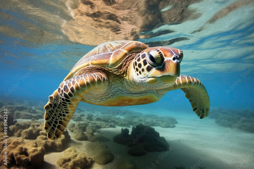 Fototapeta premium A turtle swims in the sea, with a school of fish swimming nearby. with coral reefs and fish creating a beautiful underwater view. Generative AI