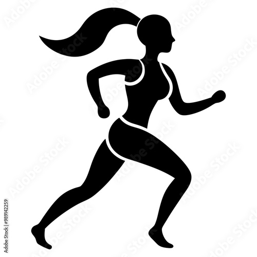 Young running woman, isolated vector silhouette. Run, side view