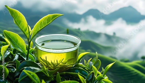 Serene green tea closeup surrounded by vibrant leaves, set against mist-covered mountains creating a picturesque landscape photo