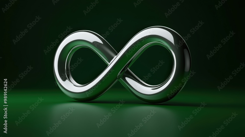A reflective chrome infinity loop is central in this image, set against a rich green background, symbolizing eternal concepts with a sleek, modern touch. A reflective chrome infinity loop is central in this image, set against a rich green background, symbolizing eternal concepts with a sleek, modern touch.
