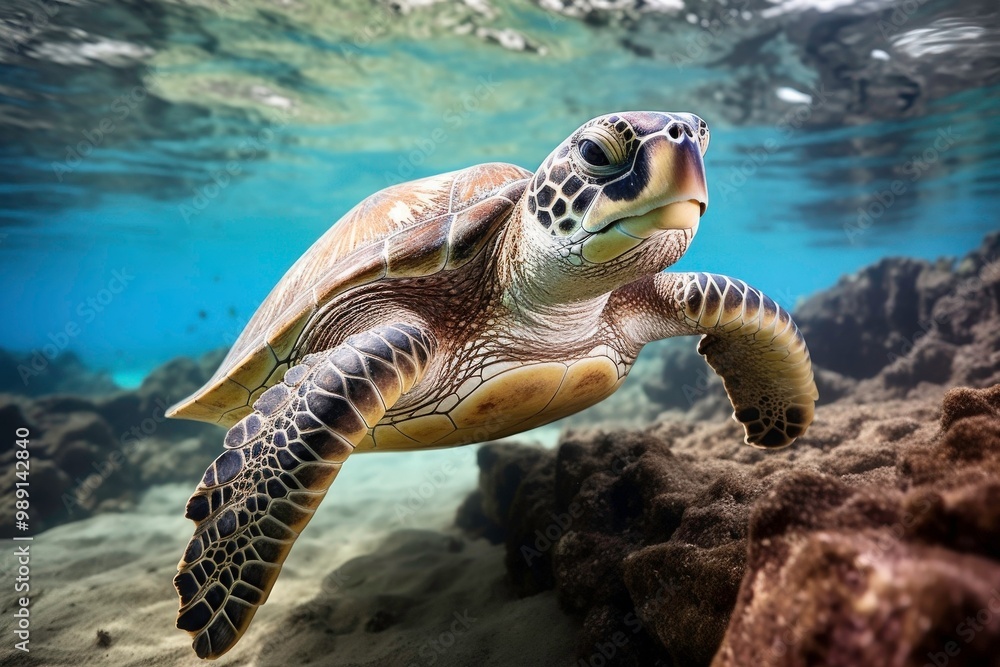 Obraz premium A turtle swims in the sea, with a school of fish swimming nearby. with coral reefs and fish creating a beautiful underwater view. Generative AI