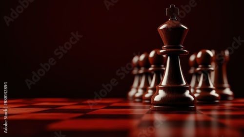 A strategic layout of multiple chess pieces on a red and black board, ready for play. The dramatic lighting highlights the intellectual challenge and sport of chess. photo