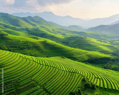 Green hills with terraces of crops, fertile land, misty morning light, high detail, lush greenery, cinematic wide-angle view