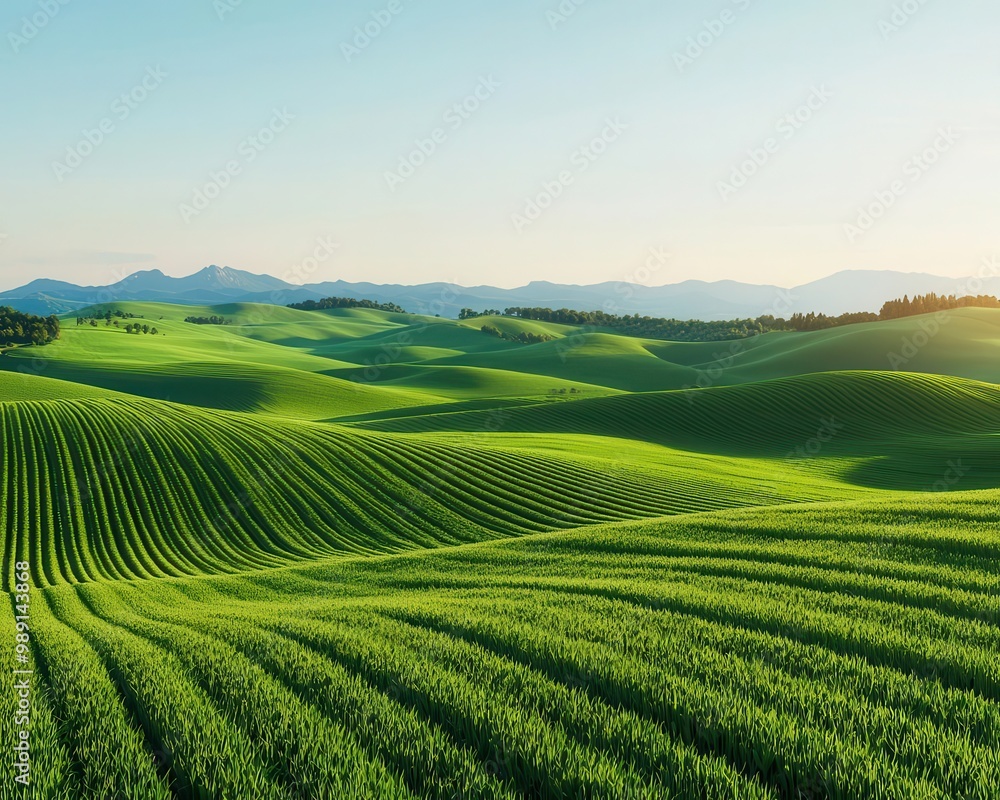 Lush green hills with fertile farmland, soft sunlight, rolling landscape, vibrant greenery, photorealistic, soft shadows, wide-angle view Lush green hills with fertile farmland, soft sunlight, rolling landscape, vibrant greenery, photorealistic, soft shadows, wide-angle view