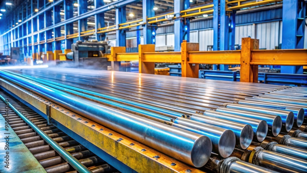 Cold rolled steel flat rebar being polished on sanding roller machine with water cooled system in a steel surface process Cold rolled steel flat rebar being polished on sanding roller machine with water cooled system in a steel surface process