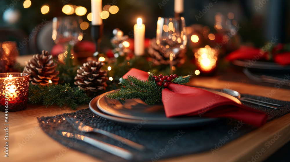A beautifully decorated Christmas dinner table with candles, festive napkins, and a centerpiece made of pinecones and holly A beautifully decorated Christmas dinner table with candles, festive napkins, and a centerpiece made of pinecones and holly