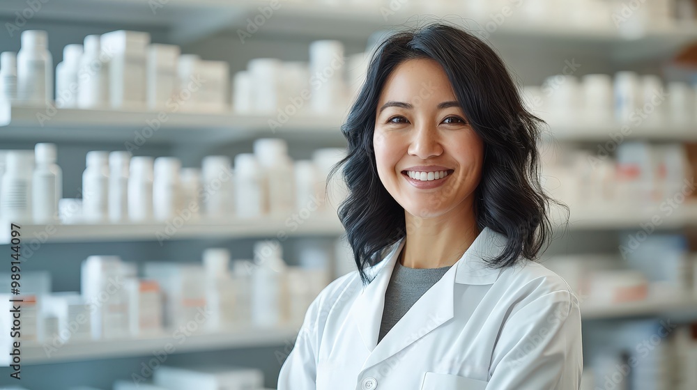 A friendly pharmacist in a white lab coat stands proudly in a neat pharmacy, surrounded by shelves stocked with various medications, showcasing professionalism and expertise A friendly pharmacist in a white lab coat stands proudly in a neat pharmacy, surrounded by shelves stocked with various medications, showcasing professionalism and expertise