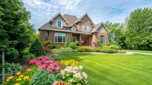 A beautiful, custom-built home sits on a sunny day in the suburbs.  The front yard is lush and green with colorful flowers, making the entrance very welcoming.