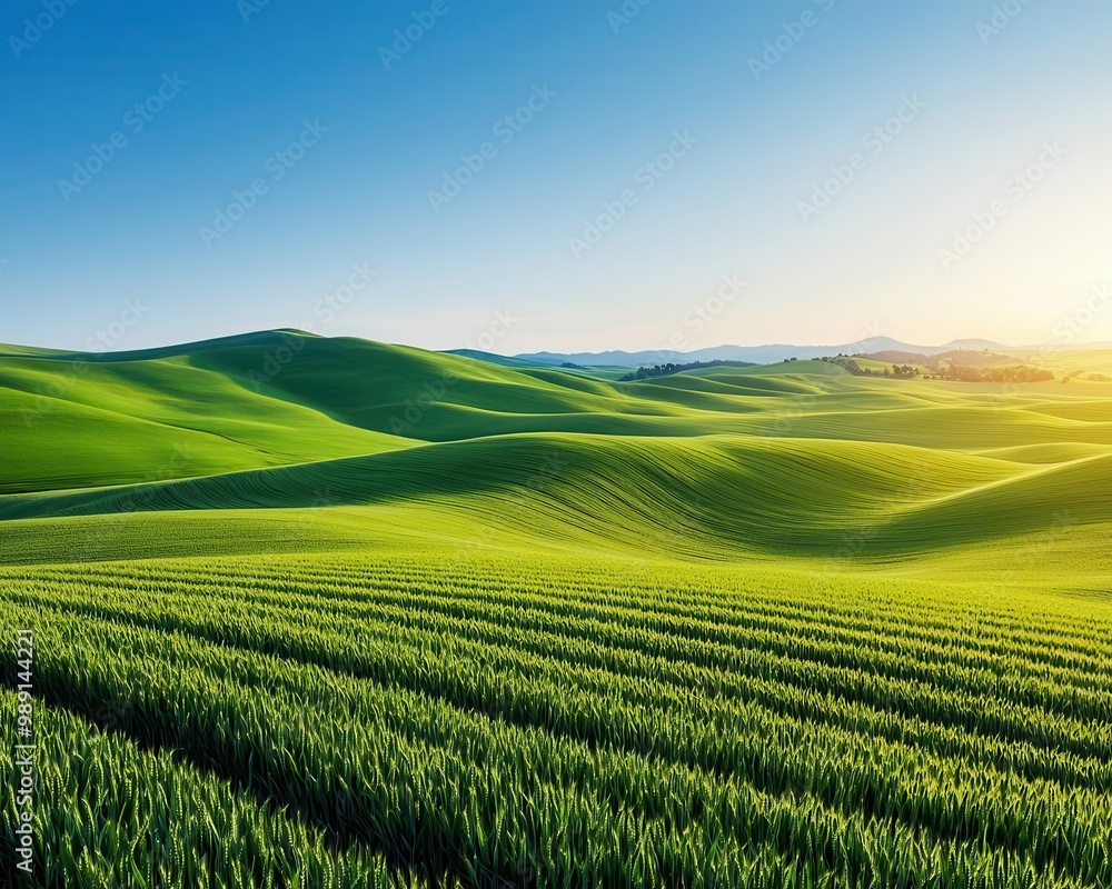 Fertile green hills with golden wheat fields, soft light, rich agricultural land, photorealistic, vibrant colors, wide-angle perspective Fertile green hills with golden wheat fields, soft light, rich agricultural land, photorealistic, vibrant colors, wide-angle perspective