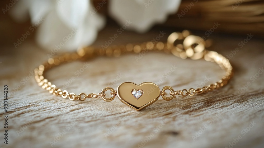 A beautiful gold bracelet with a personalized name plate, a heart charm, and a sparkling diamond. It's perfect for Valentine's Day with its romantic design. A beautiful gold bracelet with a personalized name plate, a heart charm, and a sparkling diamond. It's perfect for Valentine's Day with its romantic design.