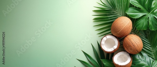 A green background with a bunch of coconuts on it