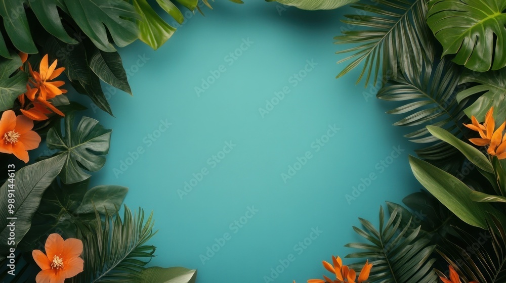 A blue background with a green circle in the middle surrounded by green leaves A blue background with a green circle in the middle surrounded by green leaves