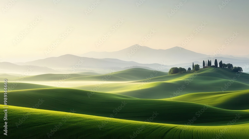 Fototapeta premium Fertile green hills at sunrise, morning mist hanging low, golden light on the horizon, high-definition, soft focus, tranquil atmosphere