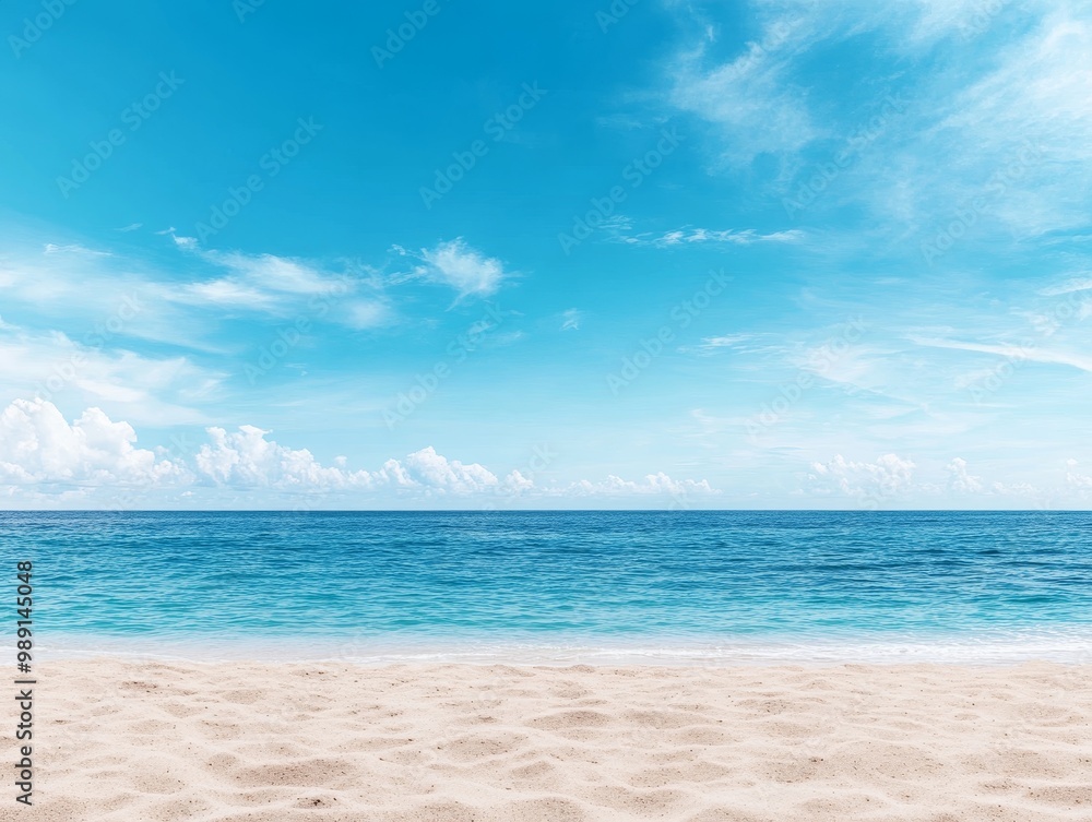 Fototapeta premium Pristine Beach Sand and Vast Ocean Horizon Under Sunny Skies