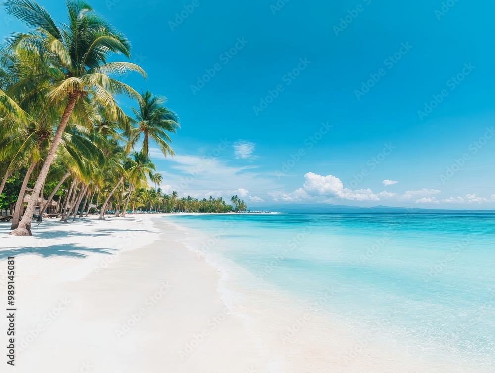 Pristine Tropical Beach with Swaying Palm Trees and Turquoise Ocean Pristine Tropical Beach with Swaying Palm Trees and Turquoise Ocean