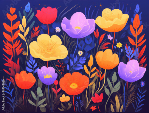 Floral Rhapsody in Twilight Hues: Vibrant poppies and delicate blossoms dance across a midnight canvas, a symphony of color and life.