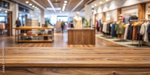 Wood grain desk in a shop setting with a blurred background, presented in a realistic rendering