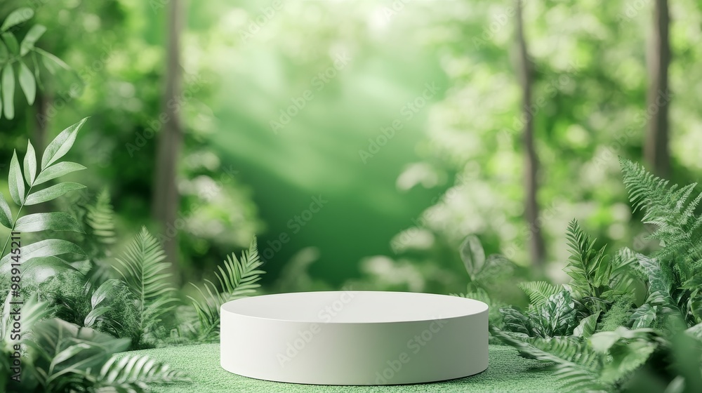 Product Podium in Verdant Forest Setting with Lush Foliage and Peaceful Ambiance Product Podium in Verdant Forest Setting with Lush Foliage and Peaceful Ambiance