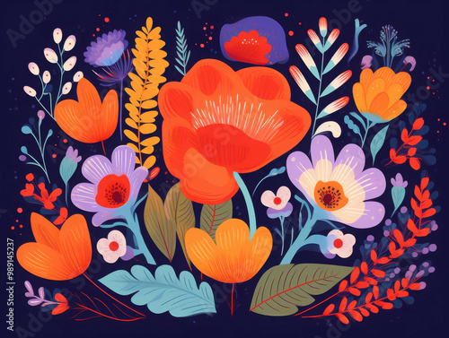 Floral Rhapsody in Twilight Hues: Vibrant poppies and delicate blossoms dance across a midnight canvas, a symphony of color and life.