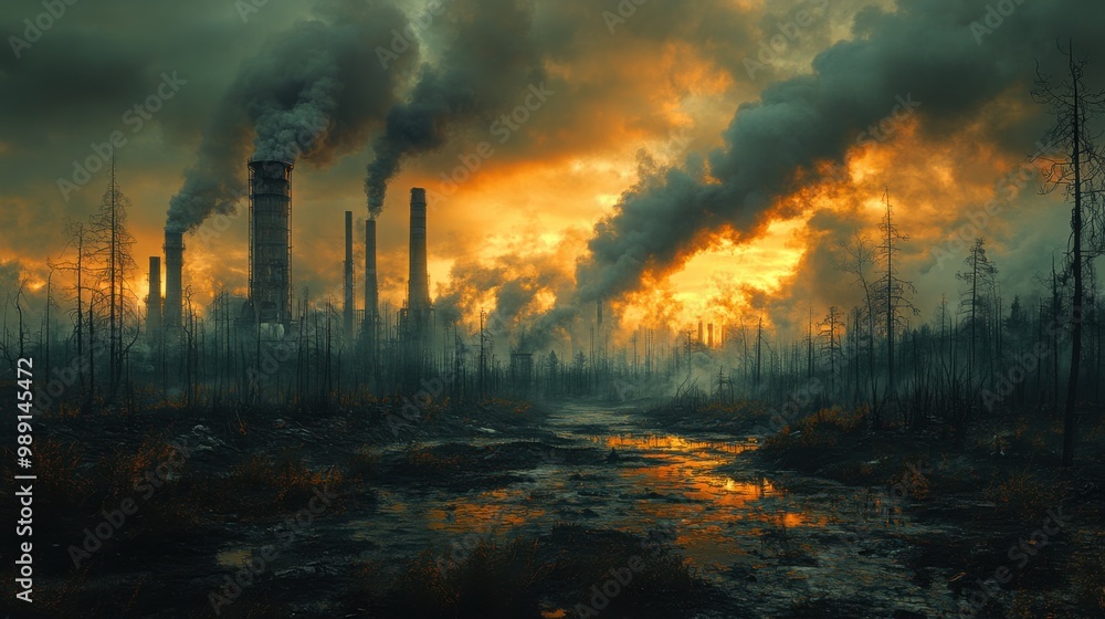 Industrial Sunset with Smoke and Reflection Industrial Sunset with Smoke and Reflection