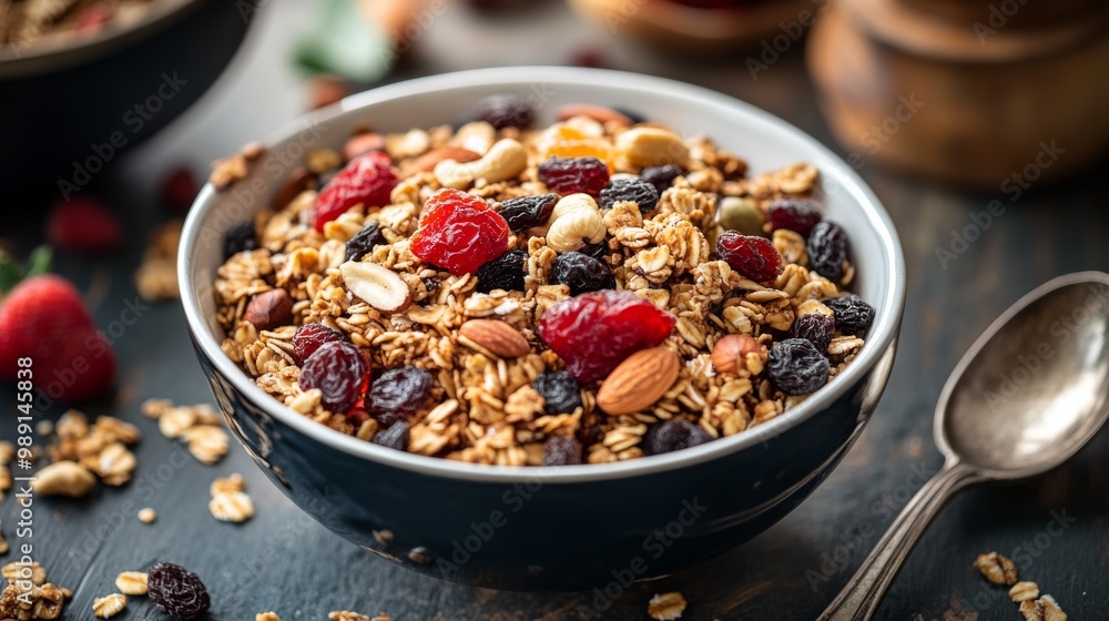 A bowl of granola with dried fruits and nuts makes a delicious and healthy breakfast. It's also a great option for a healthy dessert. A bowl of granola with dried fruits and nuts makes a delicious and healthy breakfast. It's also a great option for a healthy dessert.